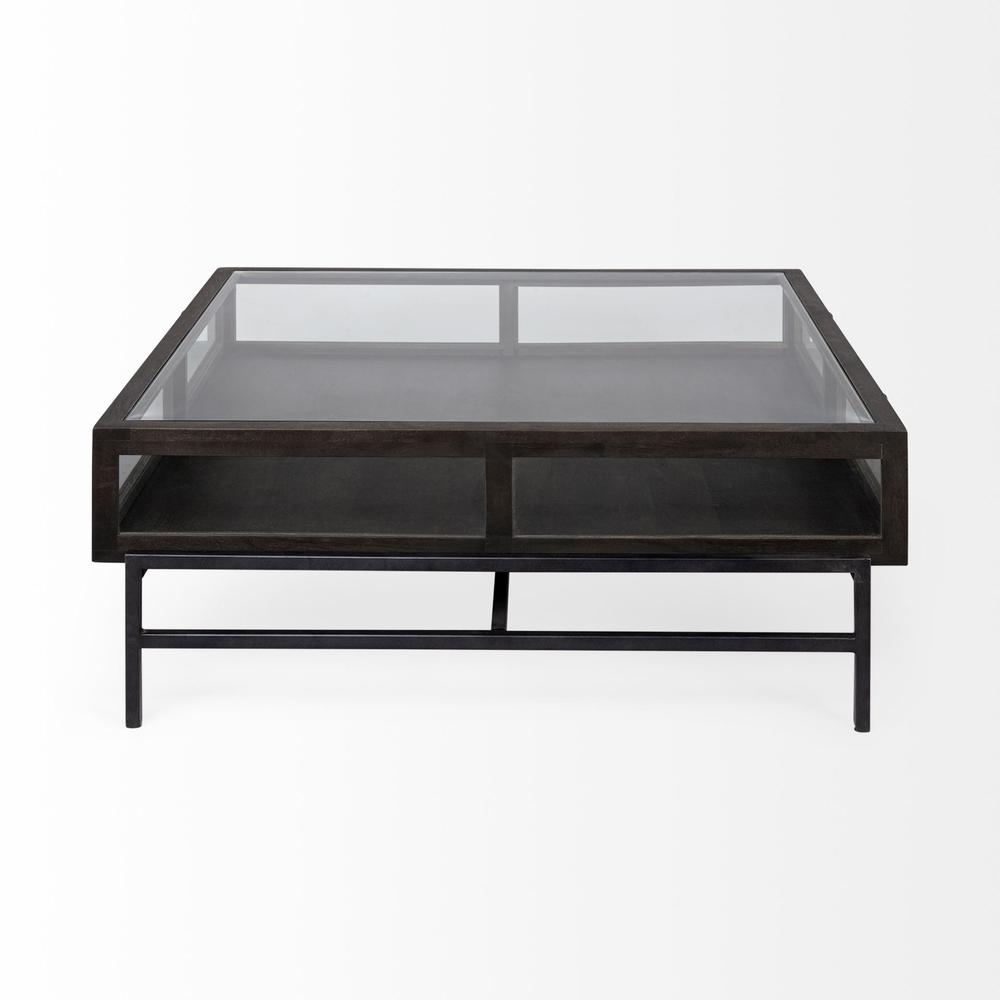 Square Glass Top Wood and Black Metal Base Display Coffee Table w 2 Drawers. Picture 3