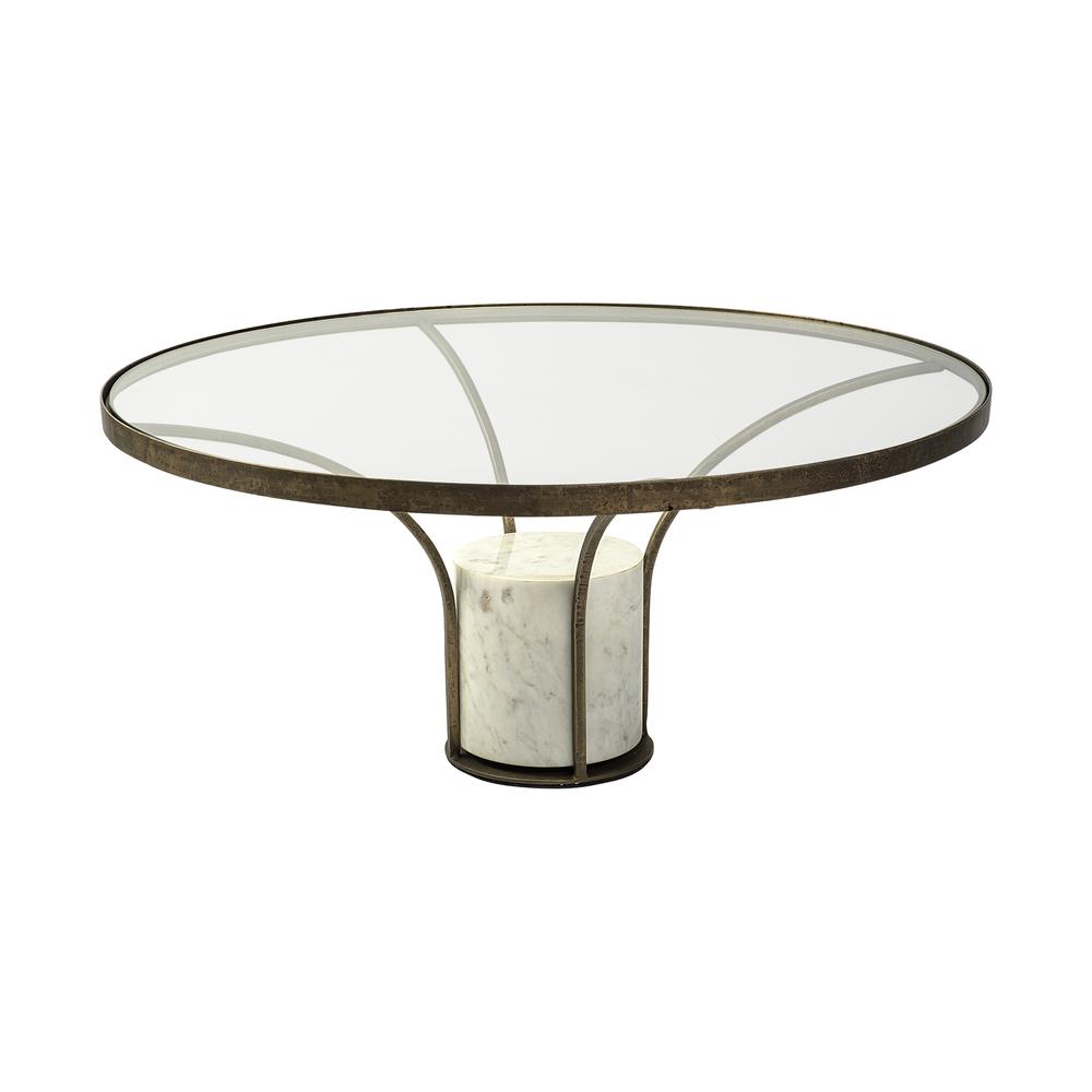 36" Round Glass Top Metal and Marble Pedestal Coffee Table. Picture 1