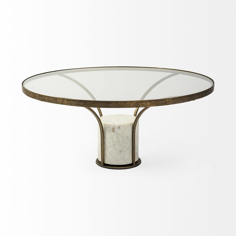 36" Round Glass Top Metal and Marble Pedestal Coffee Table. Picture 2