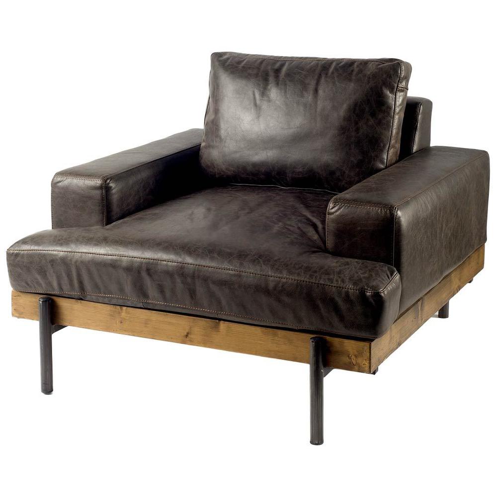 Dark Brown Moroccan Leather Wide Accent chair w/ Wood and Black Iron Base - 376350. Picture 1