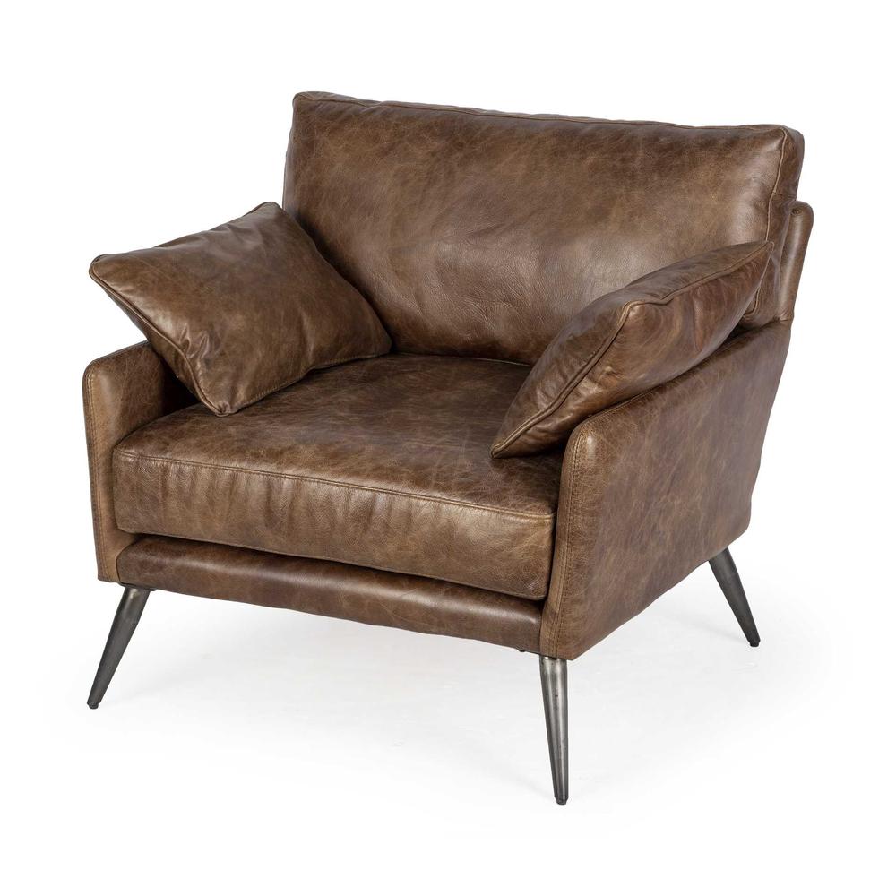Espresso Brown Top-Grain Leather Wide Accent chair w/  Wooden Frame and Iron Legs - 376352. Picture 1