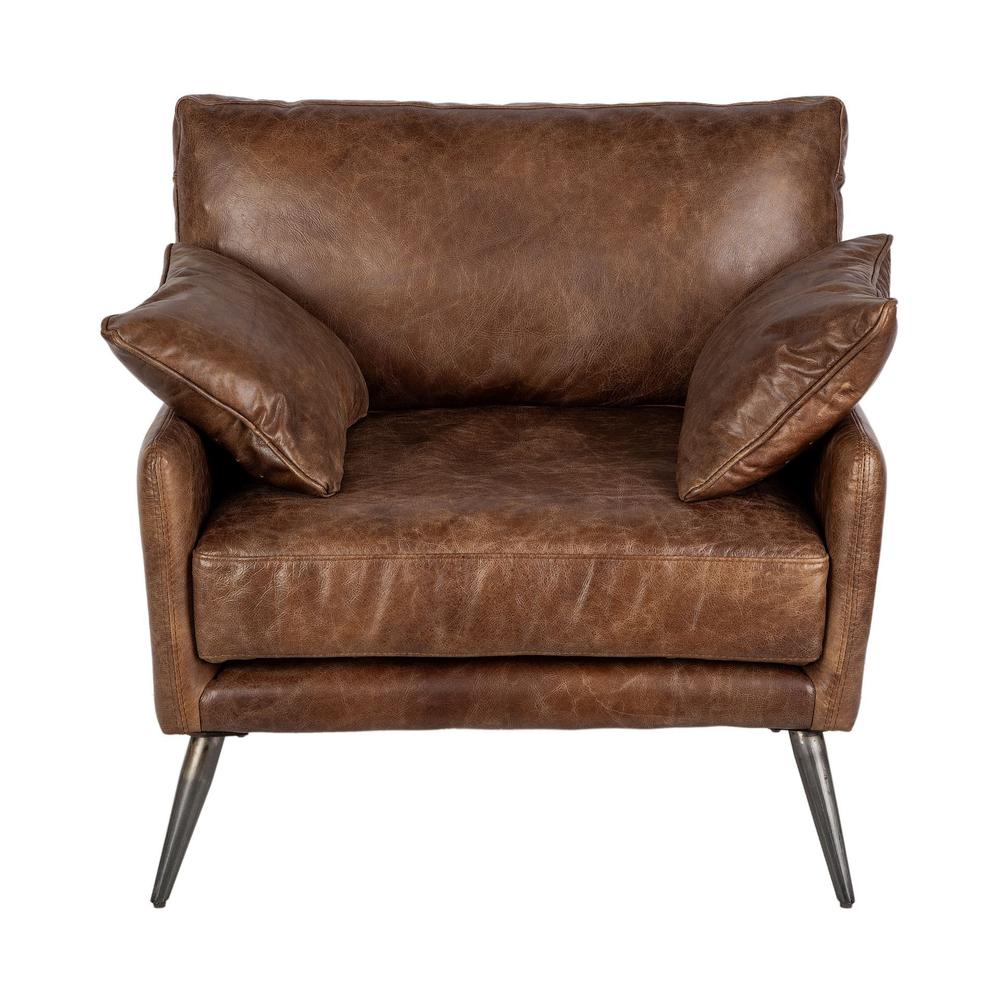 Espresso Brown Top-Grain Leather Wide Accent chair w/  Wooden Frame and Iron Legs - 376352. Picture 2