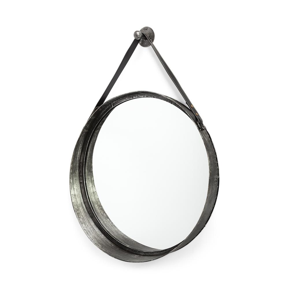 30" Round Black Metal Frame w/Leather Strap Wall Mirror - 376375. Picture 1