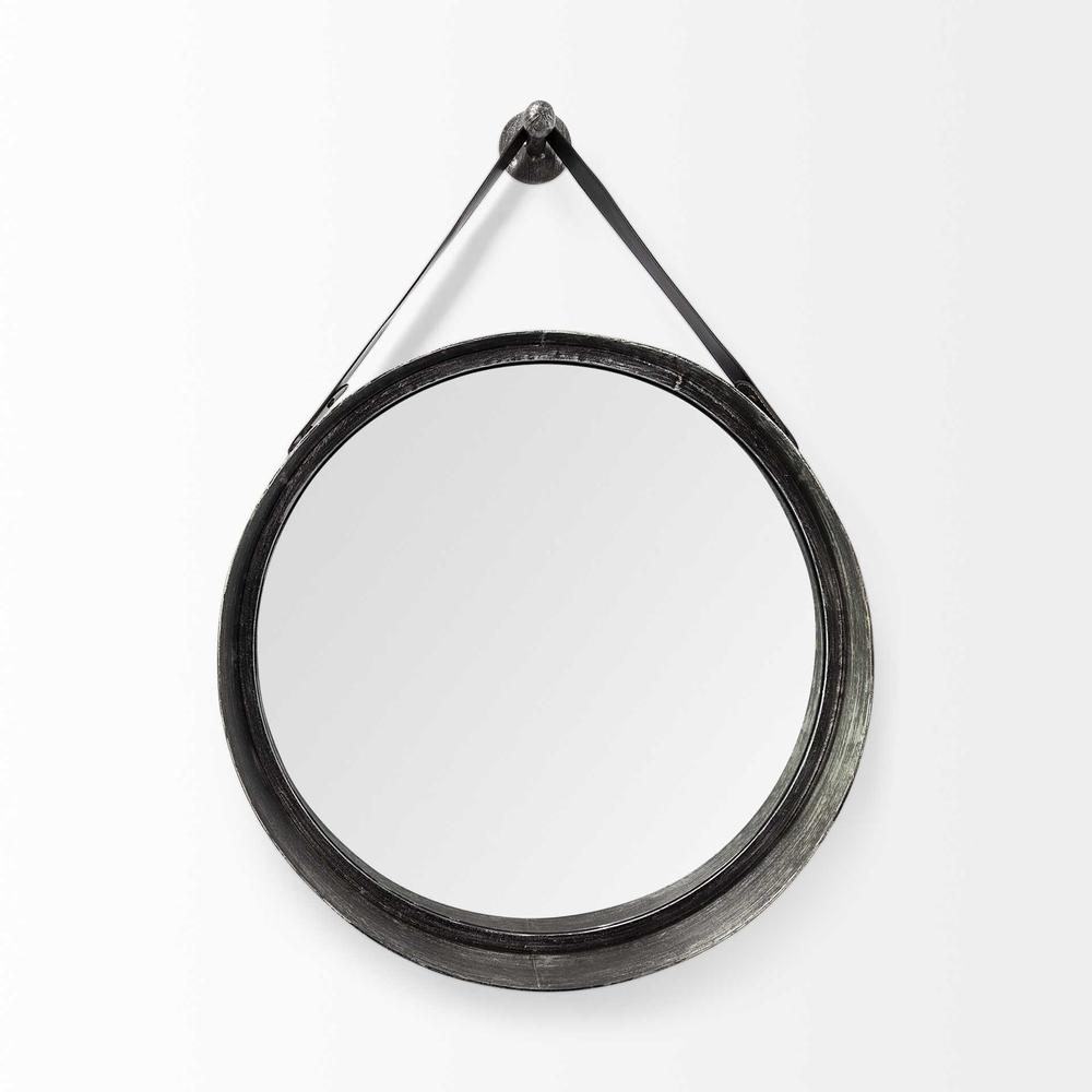 30" Round Black Metal Frame w/Leather Strap Wall Mirror - 376375. Picture 2