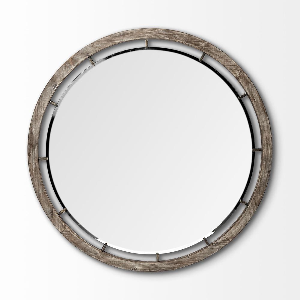 46" Round Brown Wood Frame Wall Mirror - 376394. Picture 2