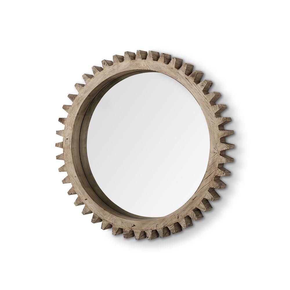 35" Round Natural Wood Frame Wall Mirror - 376398. Picture 1