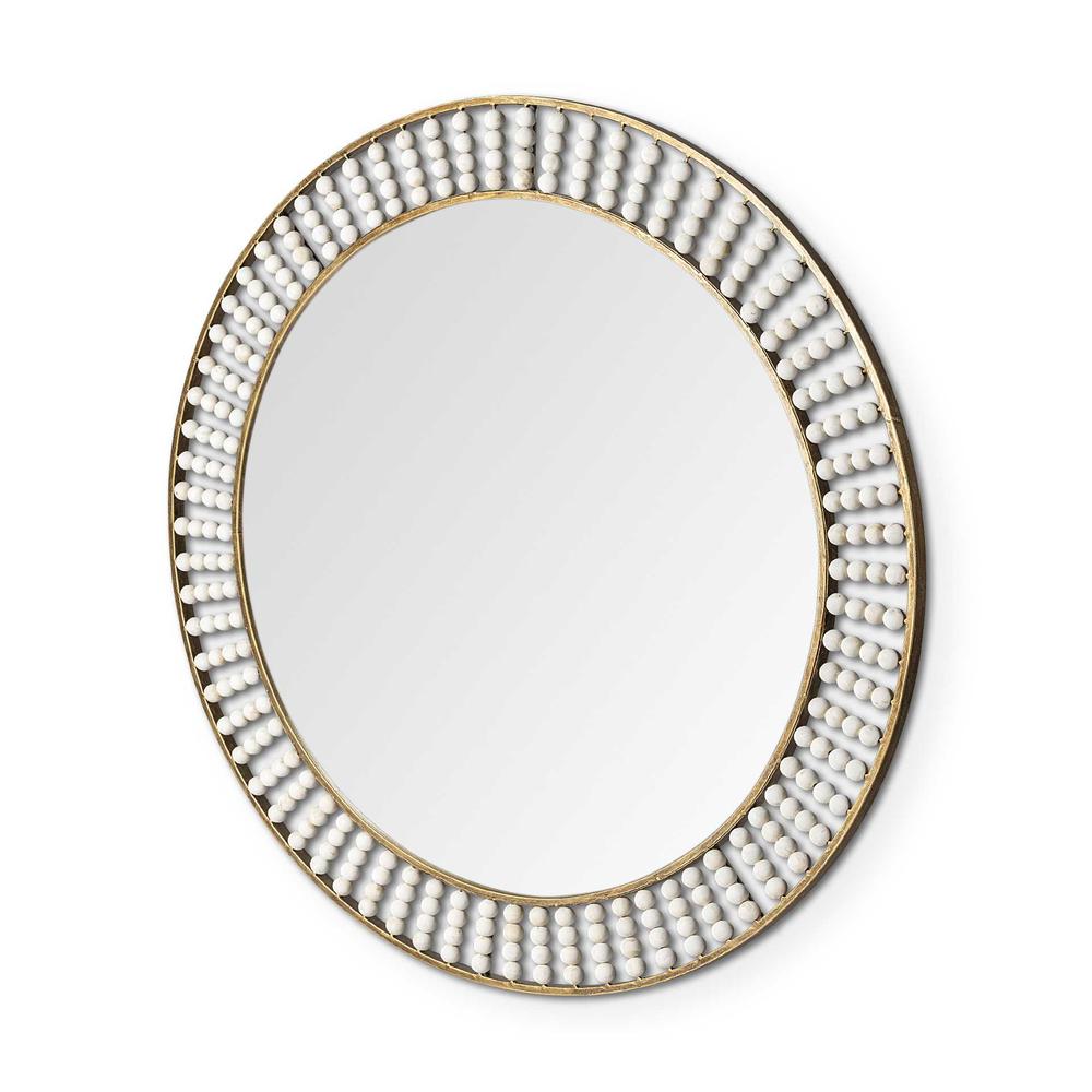 42" Round Gold Metal Frame Wall Mirror with White Wood Beads - 376426. Picture 1
