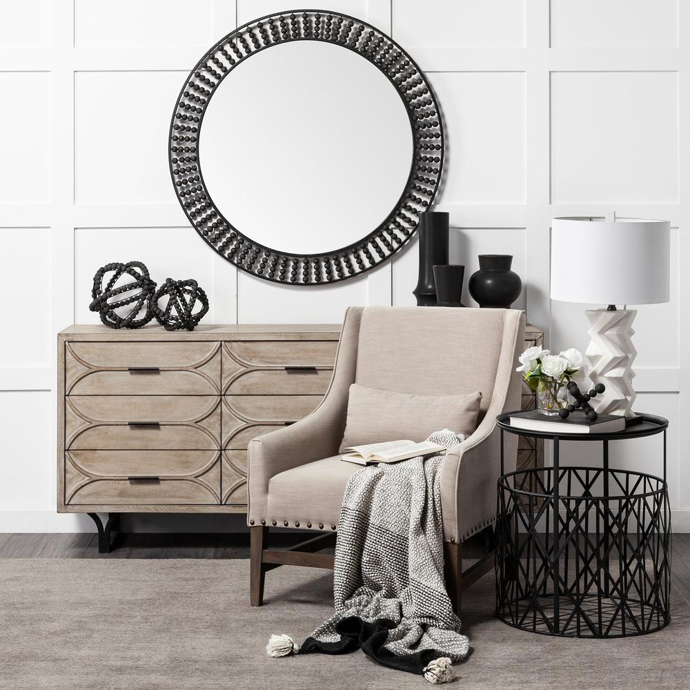 42" Round Black Metal Frame Wall Mirror with Wood Beads - 376427. Picture 5