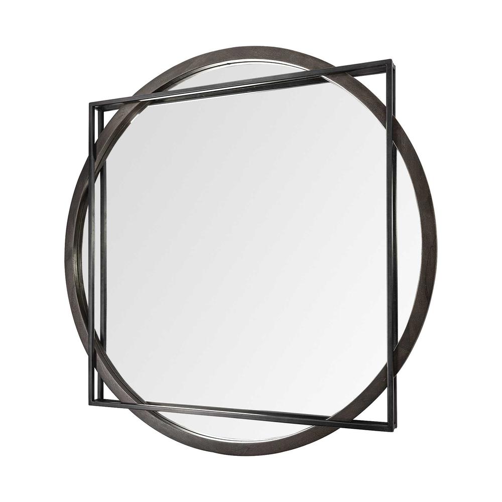 46" Round-Square Black Wood and Metal Frame Wall Mirror - 376440. Picture 1