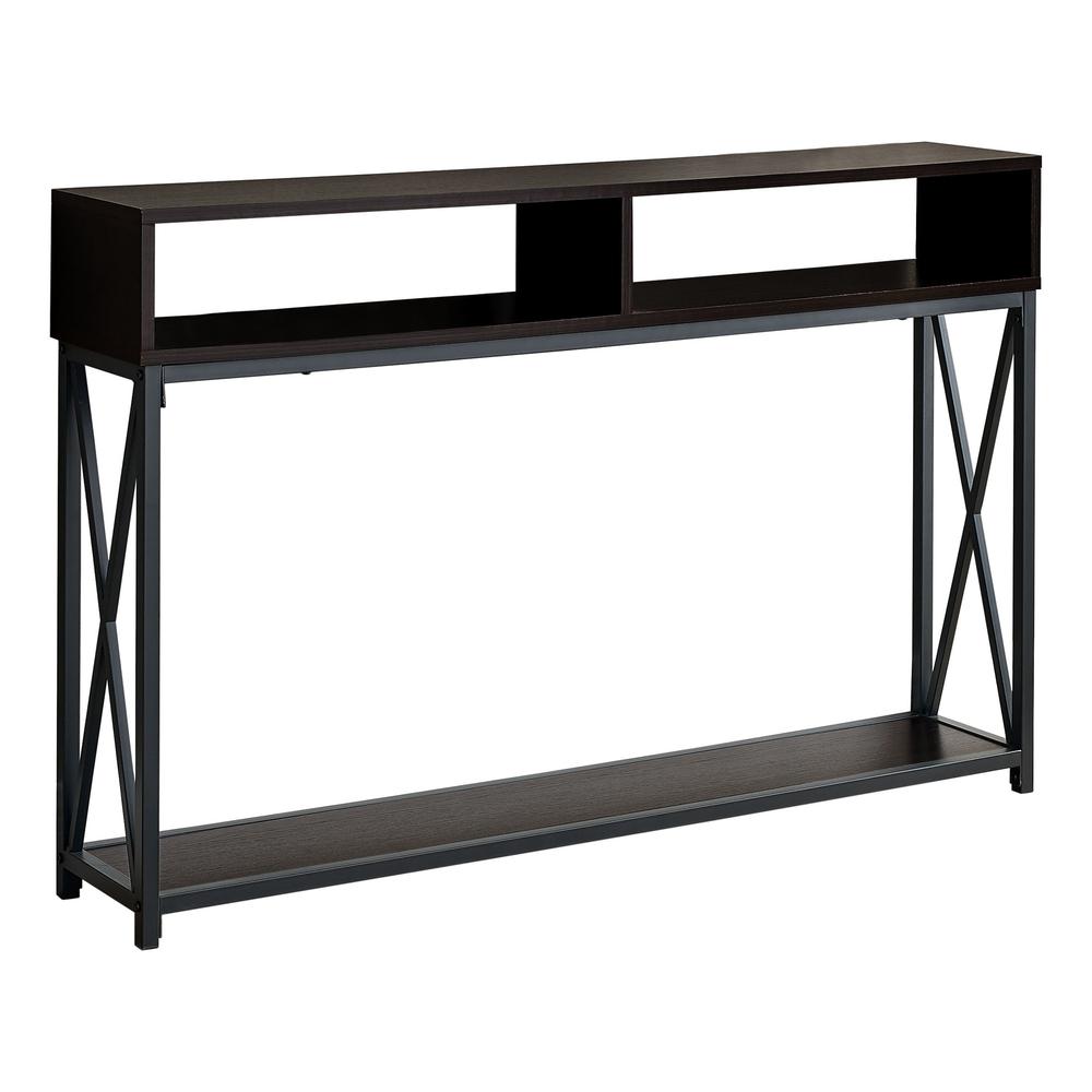 48" Rectangular EspressowithBlack Metal Hall Console with 2 Shelves Accent Table - 376510. Picture 1