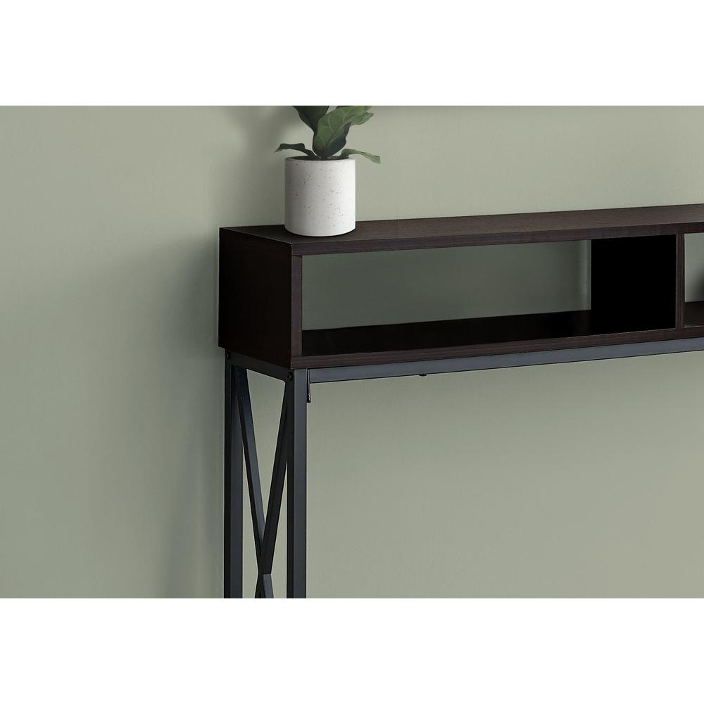48" Rectangular EspressowithBlack Metal Hall Console with 2 Shelves Accent Table - 376510. Picture 2