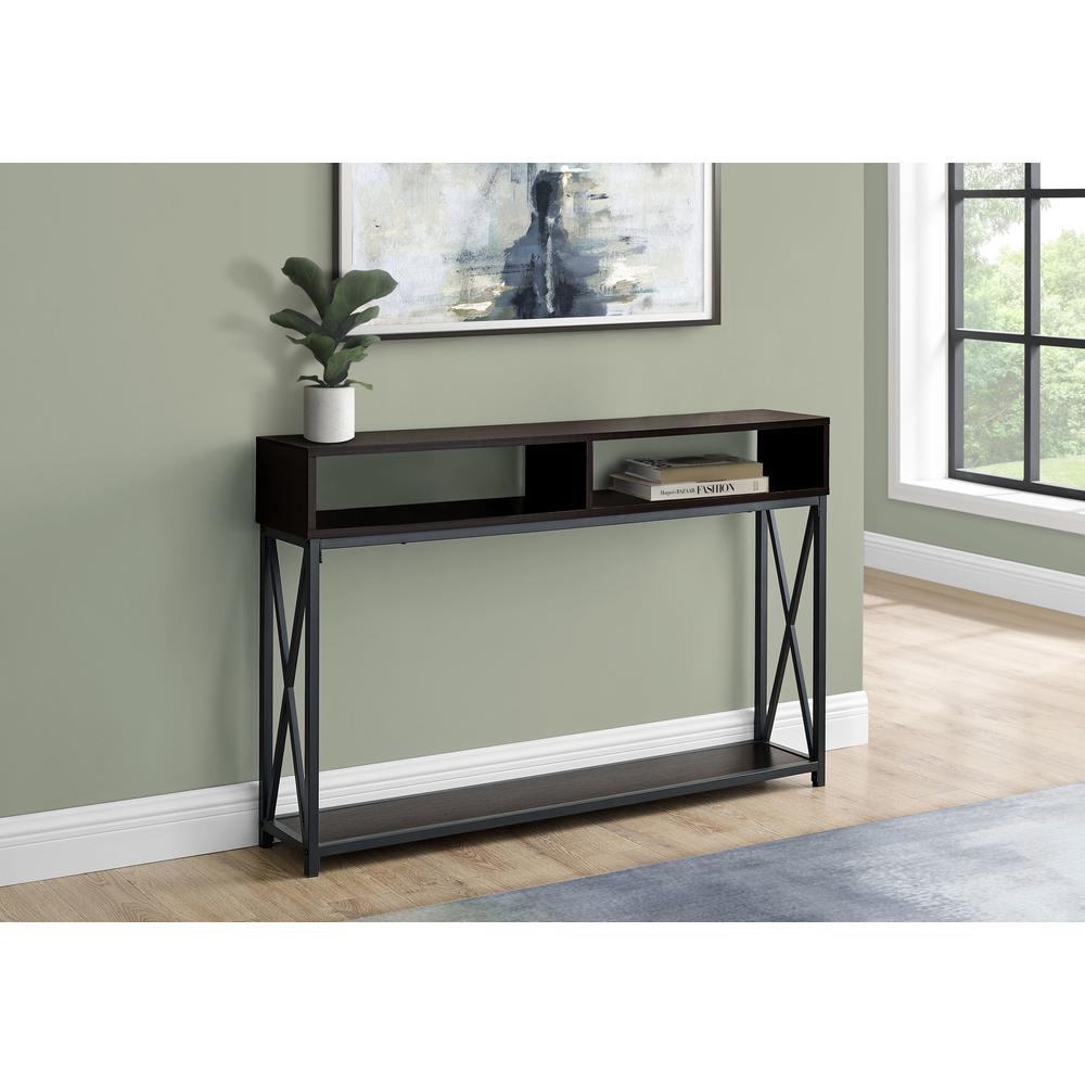 48" Rectangular EspressowithBlack Metal Hall Console with 2 Shelves Accent Table - 376510. Picture 3