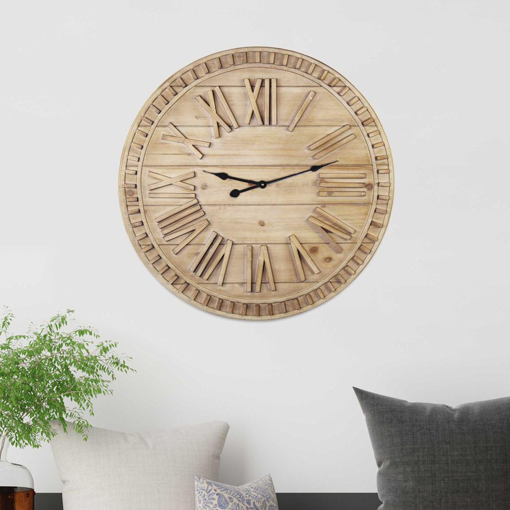 32" Round Natural Wood Face Roman Numeral Wall Clock - 376593. Picture 6