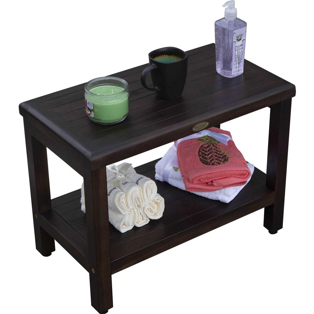 Rectangular Teak Shower Bench with Shelf in Brown Finish - 376667. Picture 4