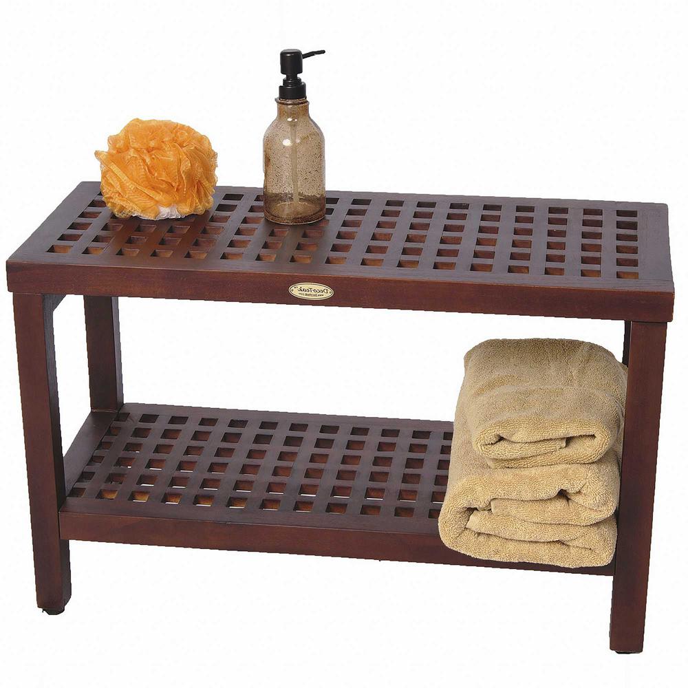 Lattice Teak Shower Bench with Shelf in Brown Finish - 376683. Picture 3