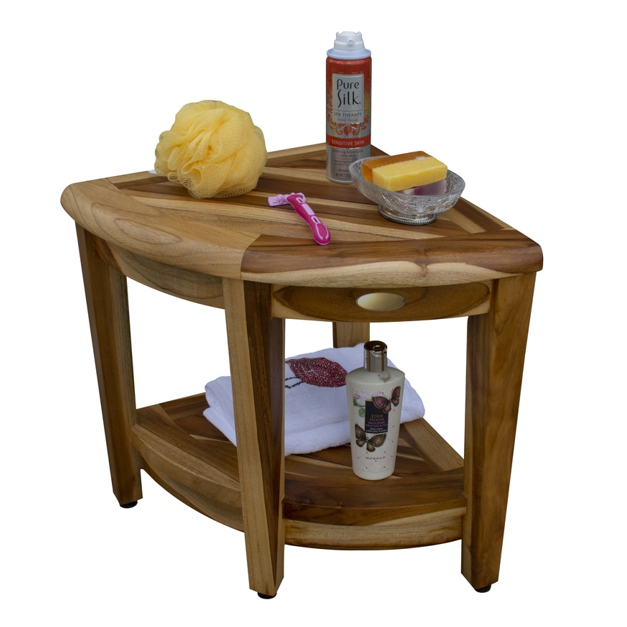 Compact Teak Wide Corner Shower Outdoor Bench with Shelf in Natural Finish - 376732. Picture 6