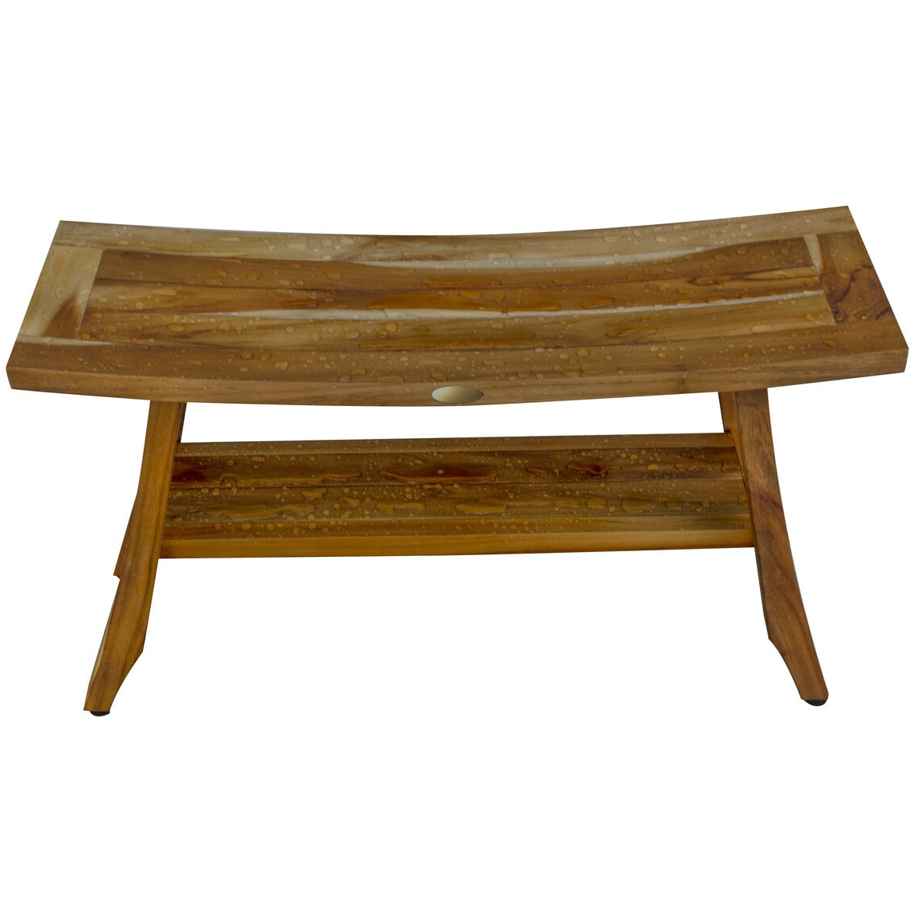 Compact Curvilinear Teak Shower Outdoor Bench with Shelf in Natural Finish - 376739. Picture 3