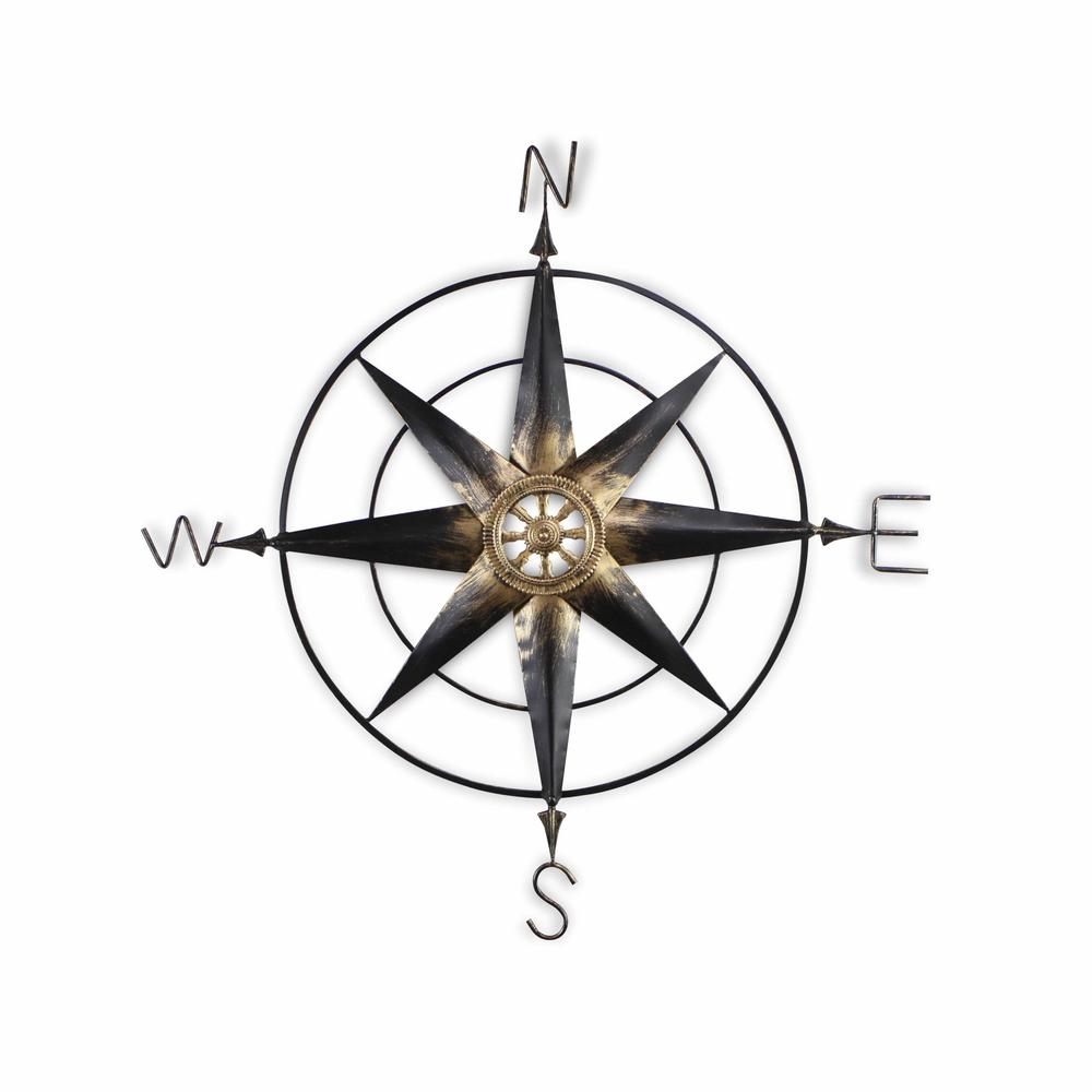 Black Metal Wall Decor Compass with Gold Center Accents - 379829. Picture 3