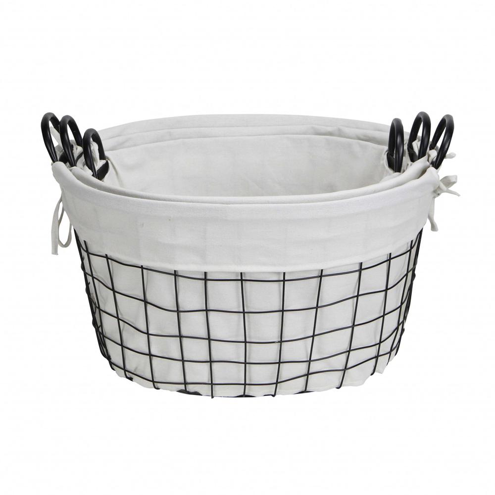 Set of 3 Oval White Lined and Metal Wire Baskets with Handles - 379831. Picture 1
