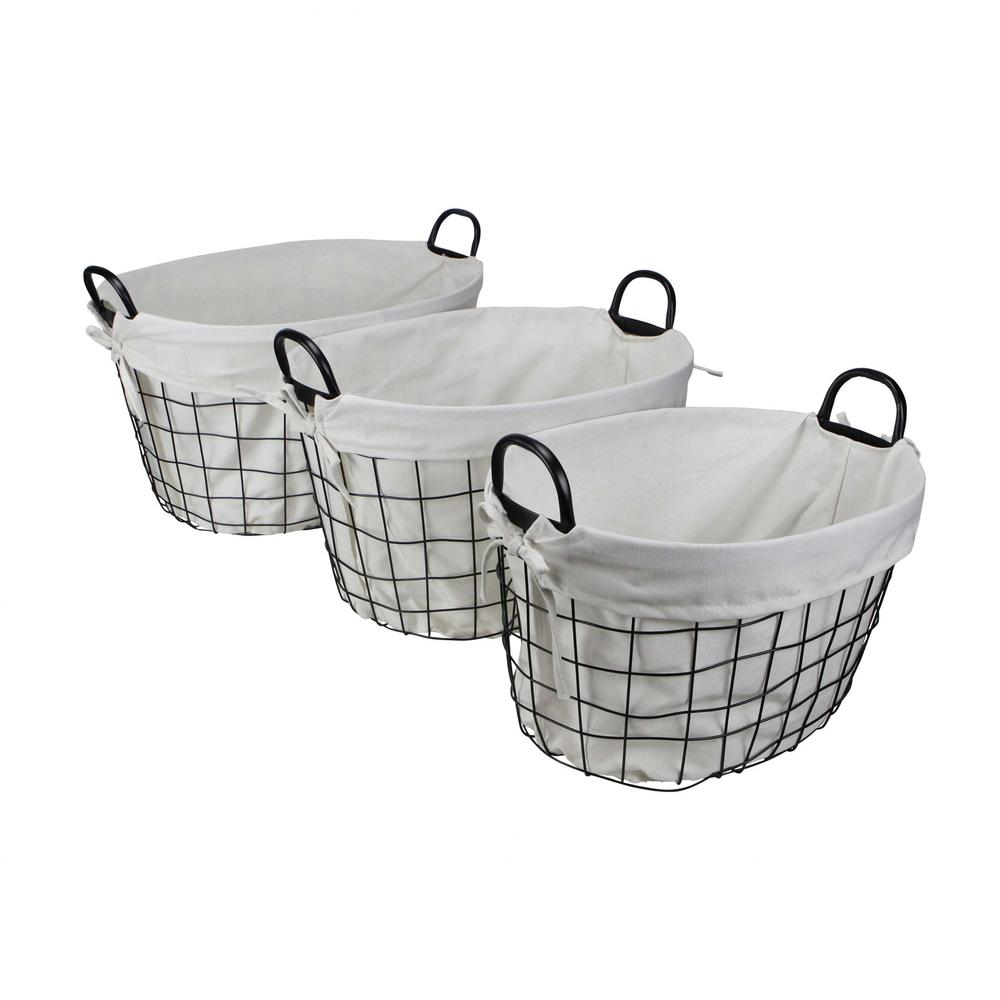 Set of 3 Oval White Lined and Metal Wire Baskets with Handles - 379831. Picture 2