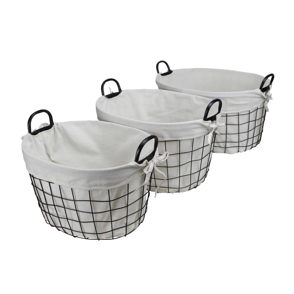 Set of 3 Oval White Lined and Metal Wire Baskets with Handles - 379831. Picture 3
