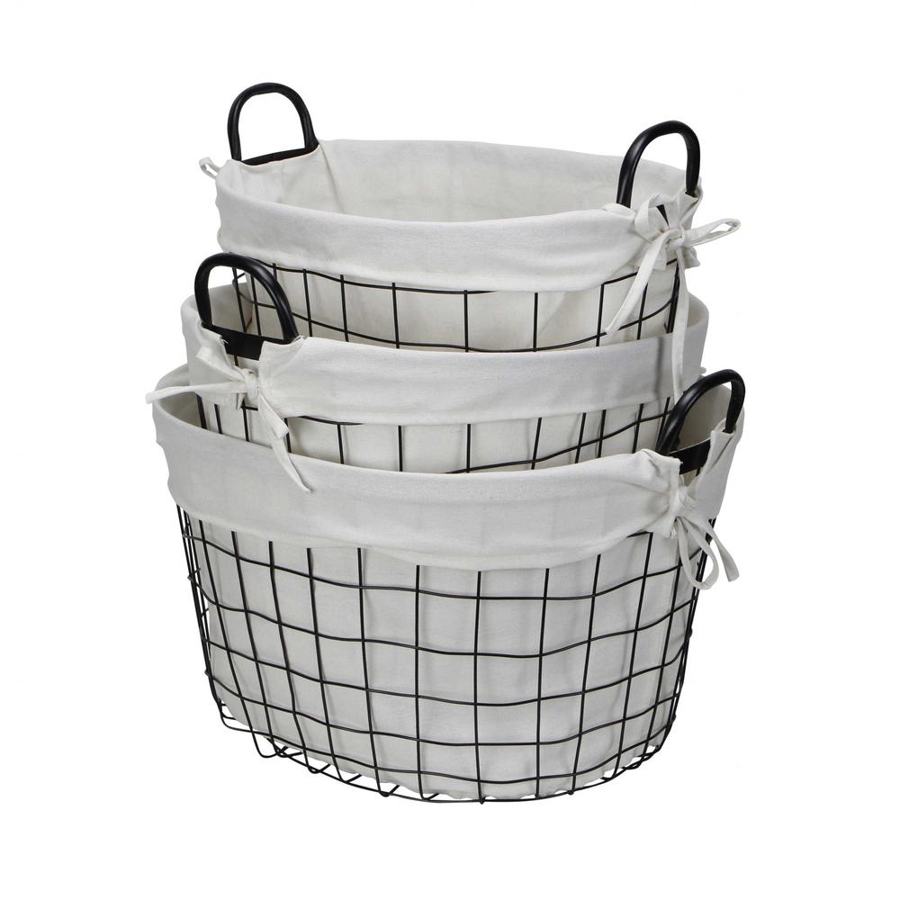 Set of 3 Oval White Lined and Metal Wire Baskets with Handles - 379831. Picture 5