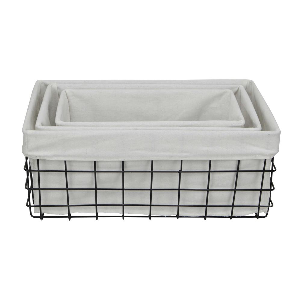 Set of 3 Rectangular White Lined and Metal Wire Baskets - 379832. Picture 1