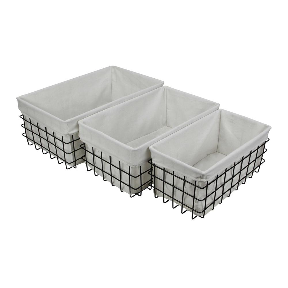 Set of 3 Rectangular White Lined and Metal Wire Baskets - 379832. Picture 2