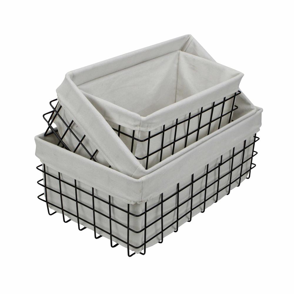 Set of 3 Rectangular White Lined and Metal Wire Baskets - 379832. Picture 3