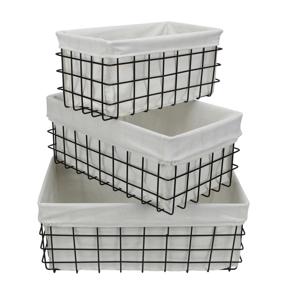 Set of 3 Rectangular White Lined and Metal Wire Baskets - 379832. Picture 4
