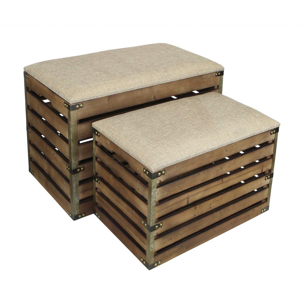 Set of 2 Rectangular Brown Linen Fabric and Wood Slats Storage Benches - 379835. The main picture.