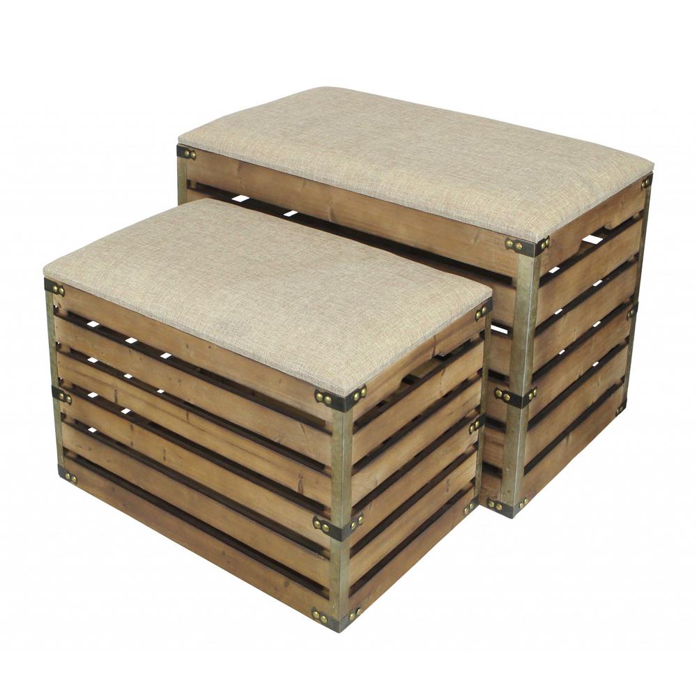 Set of 2 Rectangular Brown Linen Fabric and Wood Slats Storage Benches - 379835. Picture 3