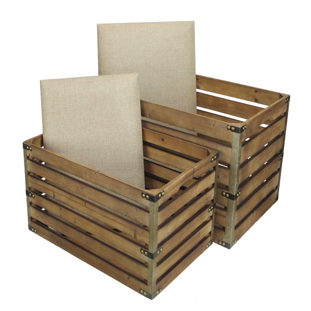 Set of 2 Rectangular Brown Linen Fabric and Wood Slats Storage Benches - 379835. Picture 4