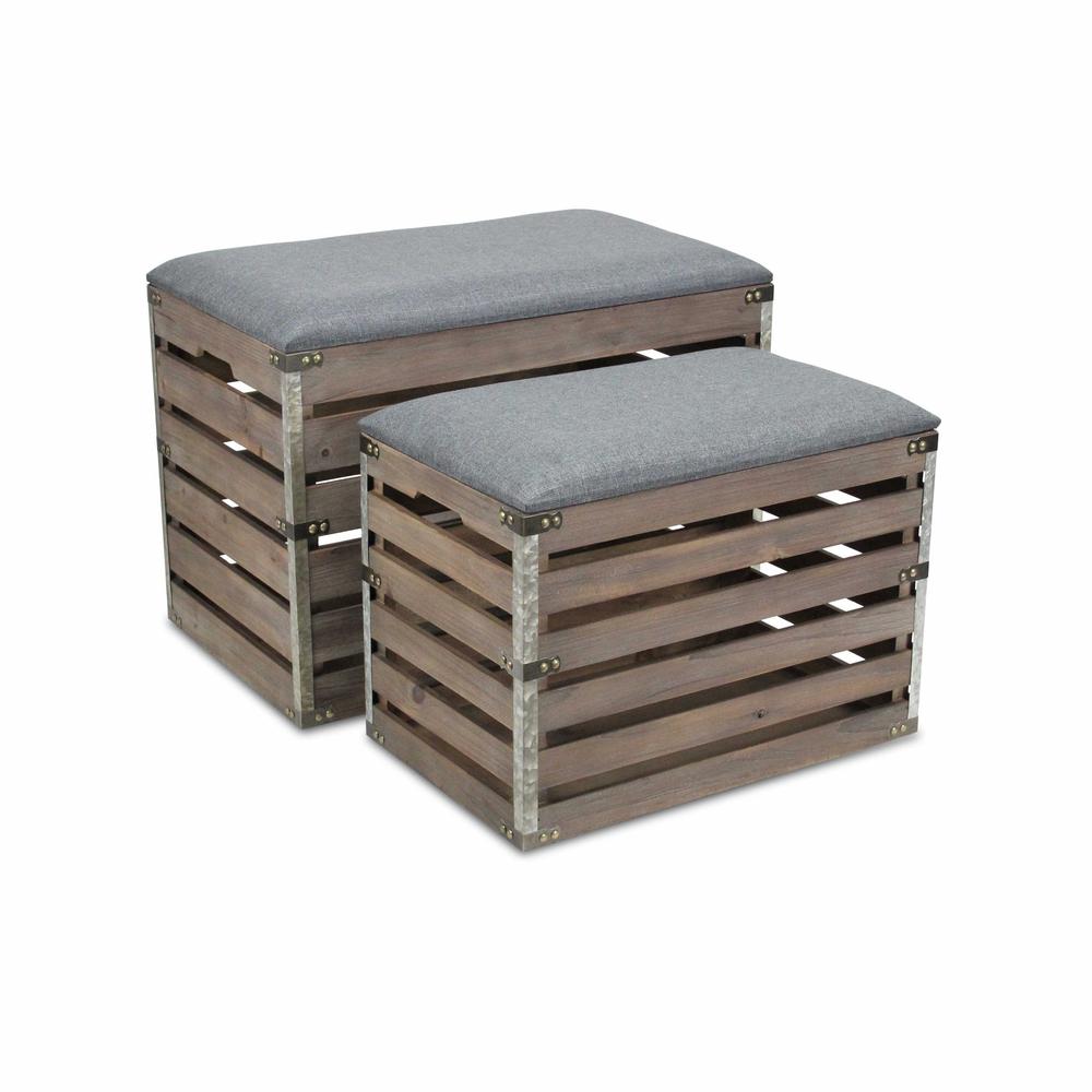 Set of 2 Rectangular Gray Linen Fabric and Wood Slats Storage Benches - 379836. Picture 1