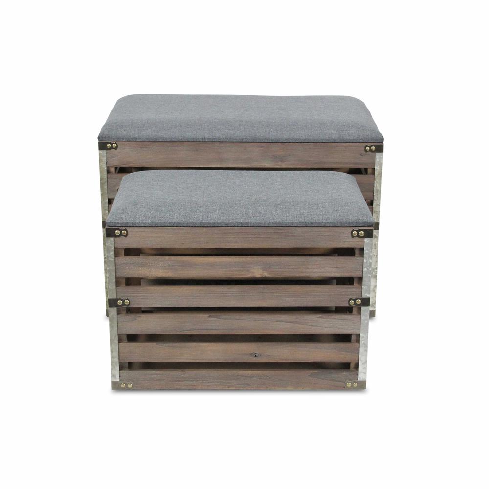 Set of 2 Rectangular Gray Linen Fabric and Wood Slats Storage Benches - 379836. Picture 3