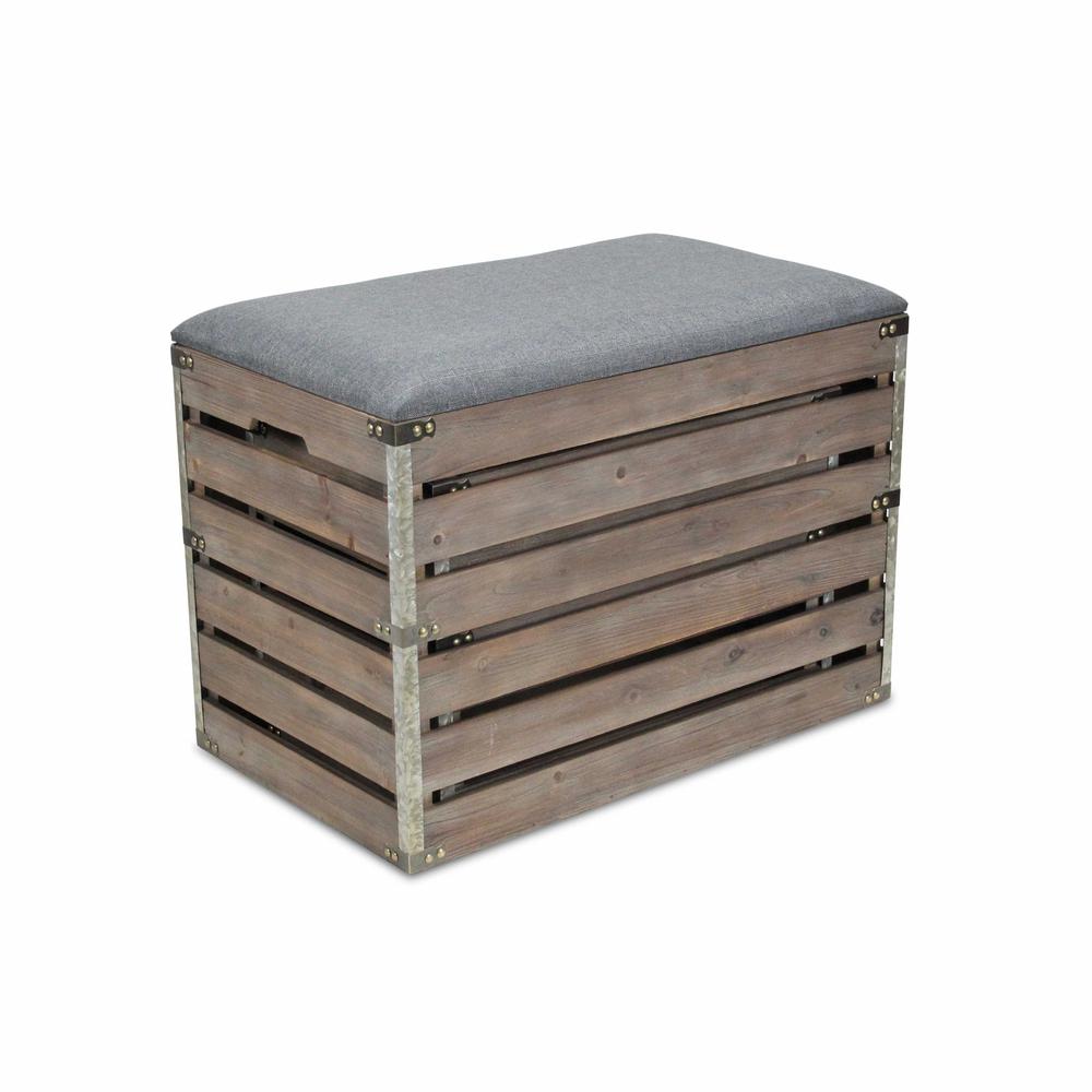Set of 2 Rectangular Gray Linen Fabric and Wood Slats Storage Benches - 379836. Picture 4