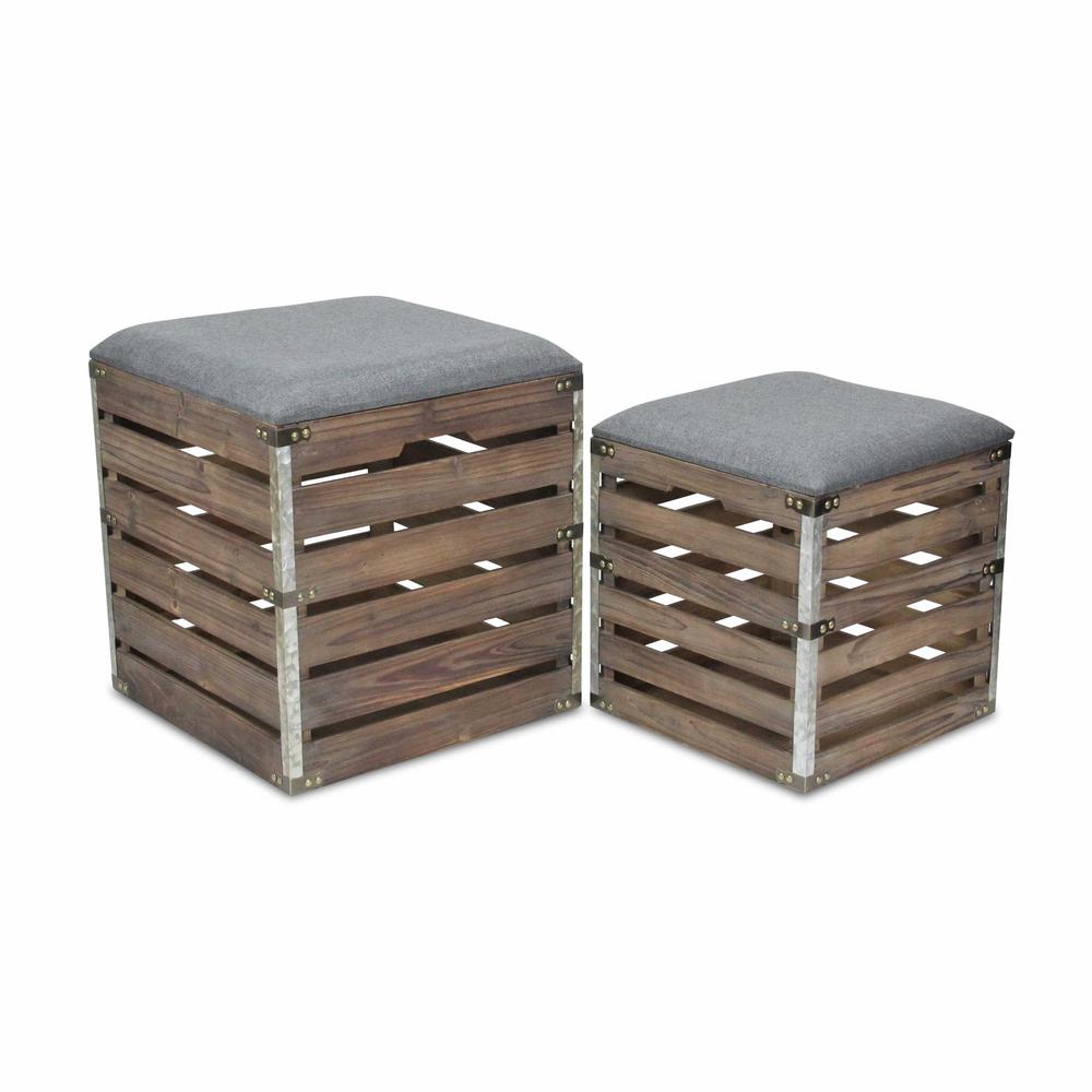 Set of 2 Square Gray Linen Fabric and Wood Slats Storage Benches - 379838. Picture 1