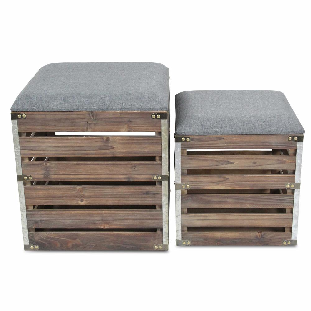 Set of 2 Square Gray Linen Fabric and Wood Slats Storage Benches - 379838. Picture 5