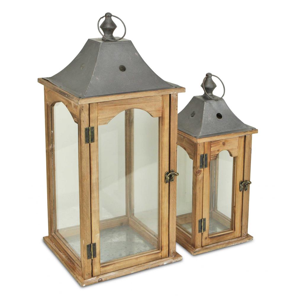 Set of 2 Brown Wood finished Frame Glass and Metal Top Lanterns - 379878. Picture 1