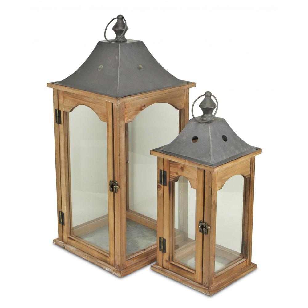 Set of 2 Brown Wood finished Frame Glass and Metal Top Lanterns - 379878. Picture 2