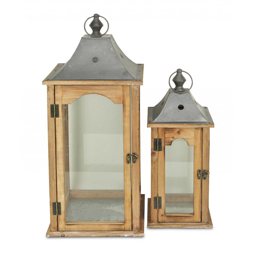 Set of 2 Brown Wood finished Frame Glass and Metal Top Lanterns - 379878. Picture 3