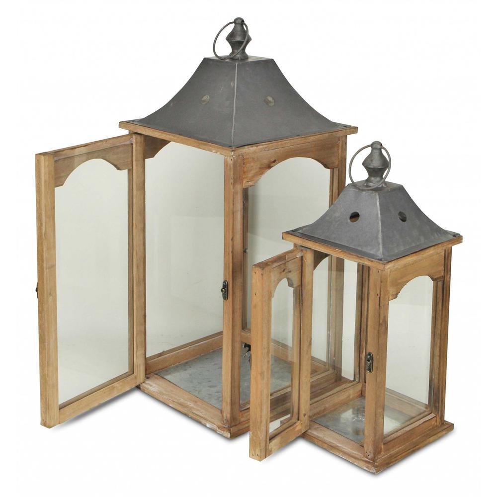 Set of 2 Brown Wood finished Frame Glass and Metal Top Lanterns - 379878. Picture 4