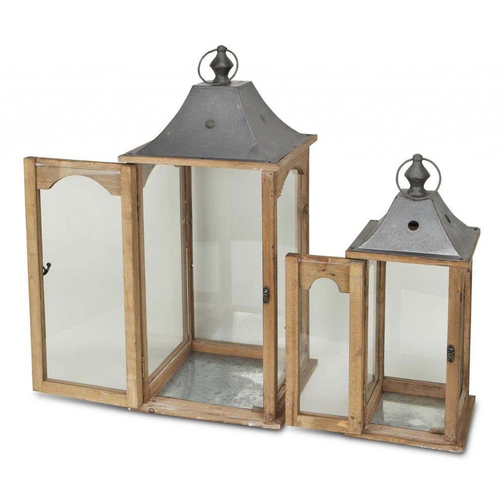 Set of 2 Brown Wood finished Frame Glass and Metal Top Lanterns - 379878. Picture 5
