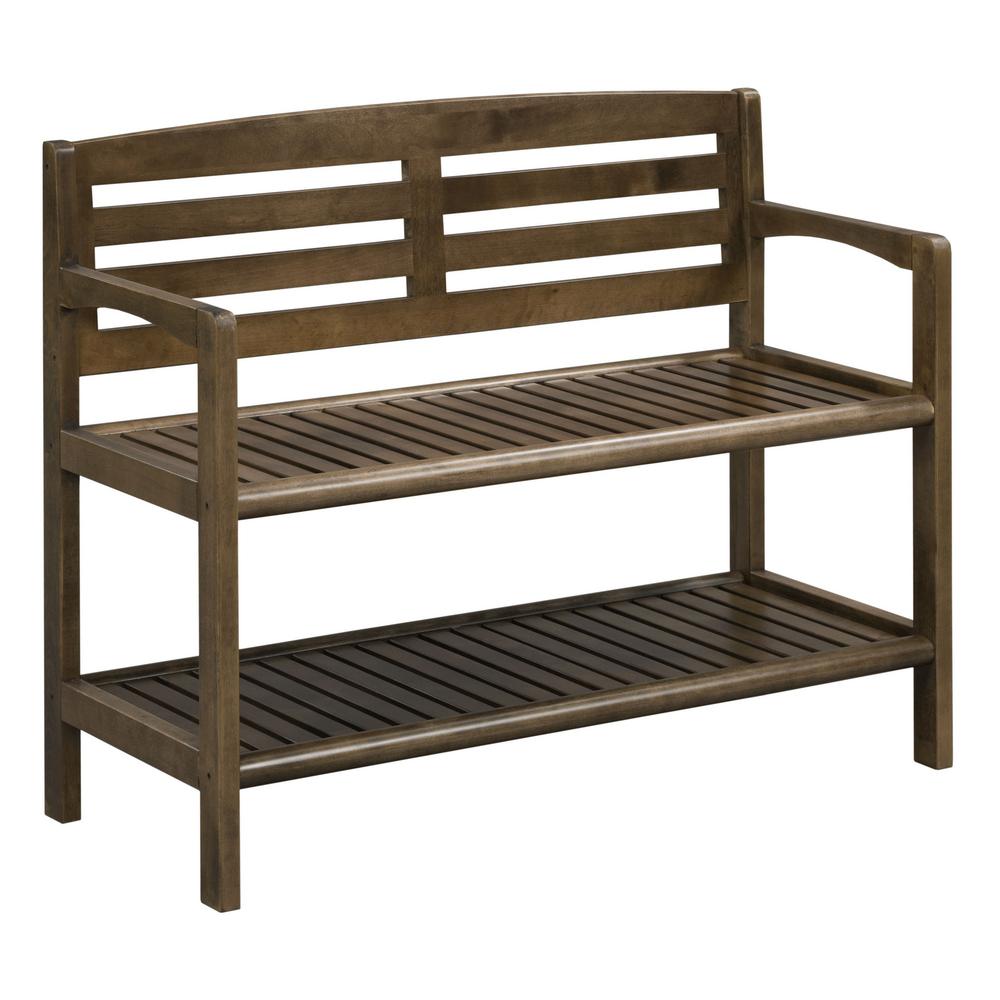 Chestnut Finish Solid Wood Slat Bench with High Back and Shelf. Picture 1
