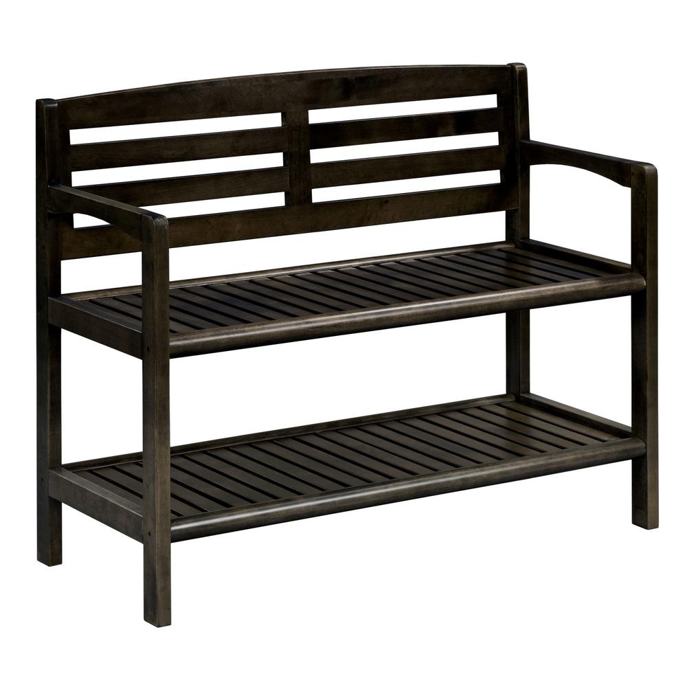 Espresso Finish Solid Wood Slat Bench with High Back and Shelf. Picture 1