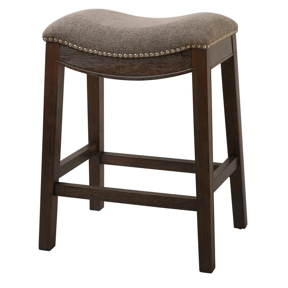 Counter Height Saddle Style Counter Stool with Taupe Fabric and Nail head Trim - 380056. Picture 1