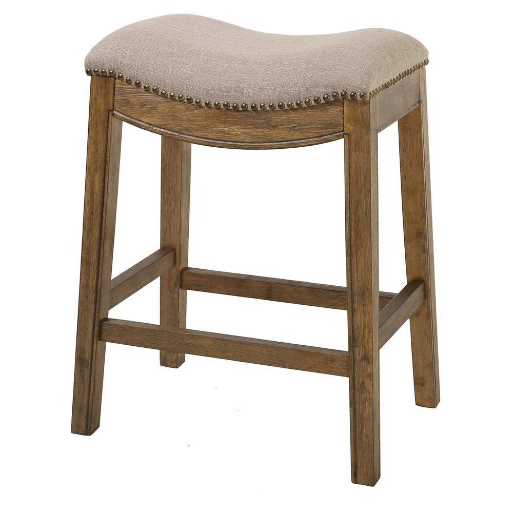 Counter Height Saddle Style Counter Stool with Cream Fabric and Nail head Trim - 380057. Picture 1