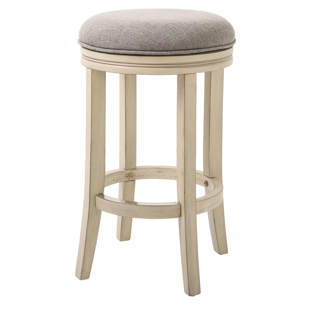 Bar Height Round Swivel Solid Wood Stool in Distressed Ivory Finished with Quartz Fabric - 380060. Picture 1