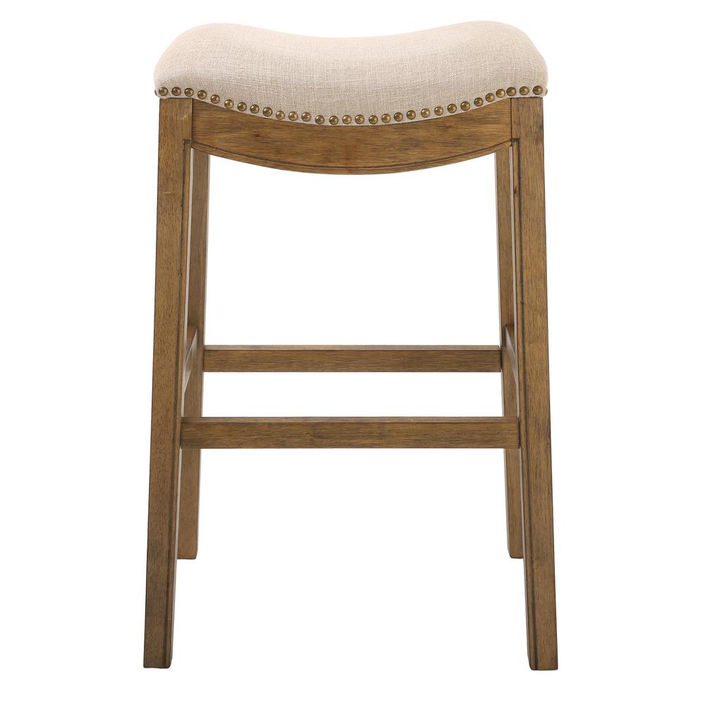 Bar Height Saddle Style Counter Stool with Cream Fabric and Nail head Trim - 380068. Picture 1
