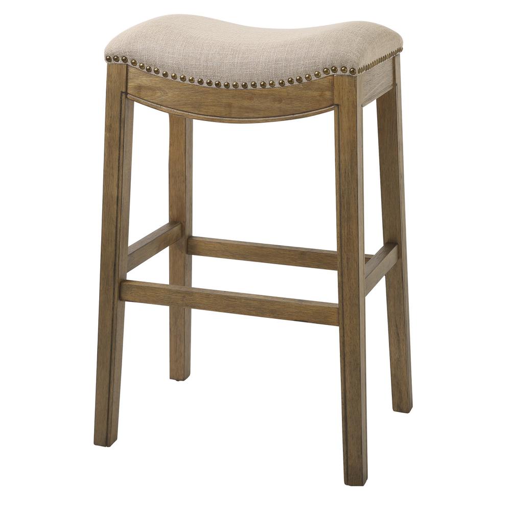 Bar Height Saddle Style Counter Stool with Cream Fabric and Nail head Trim - 380068. Picture 3
